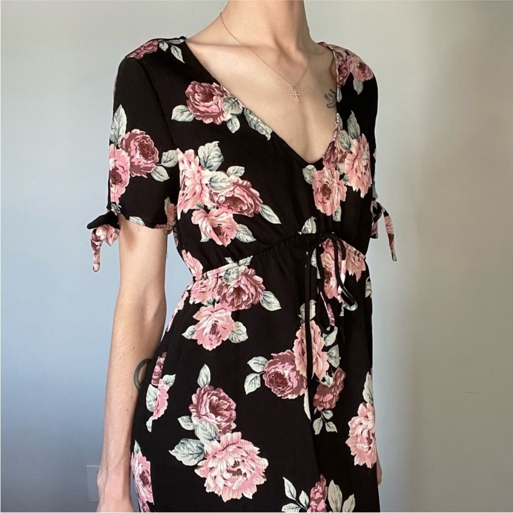 Vintage black & pink Floral Sheer Maxi y2k farmers market Dress XS‎ cottagecore
